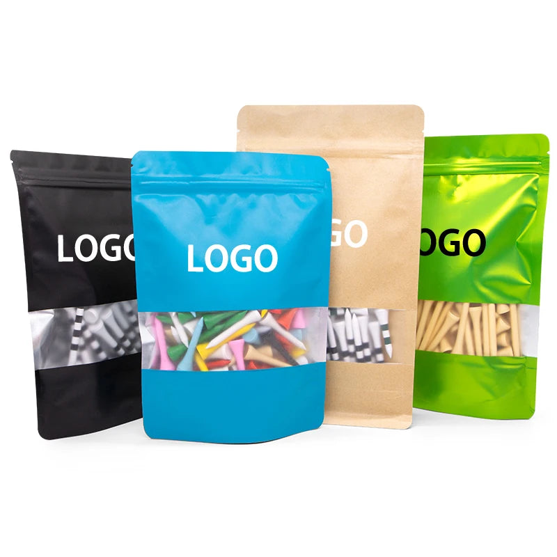 Custom logo bamboo golf tees in branded stand-up pouch
