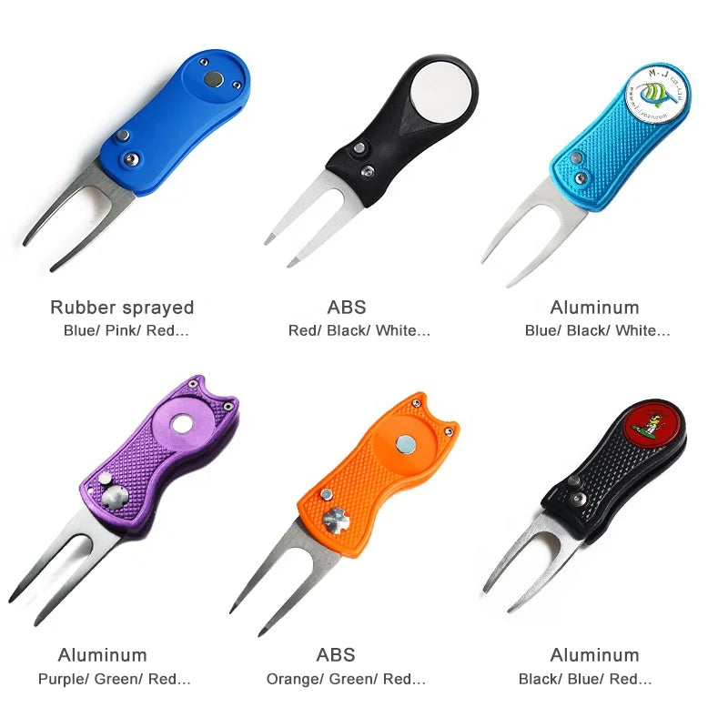 Custom switchblade golf divot tool in aluminium and ABS handle options