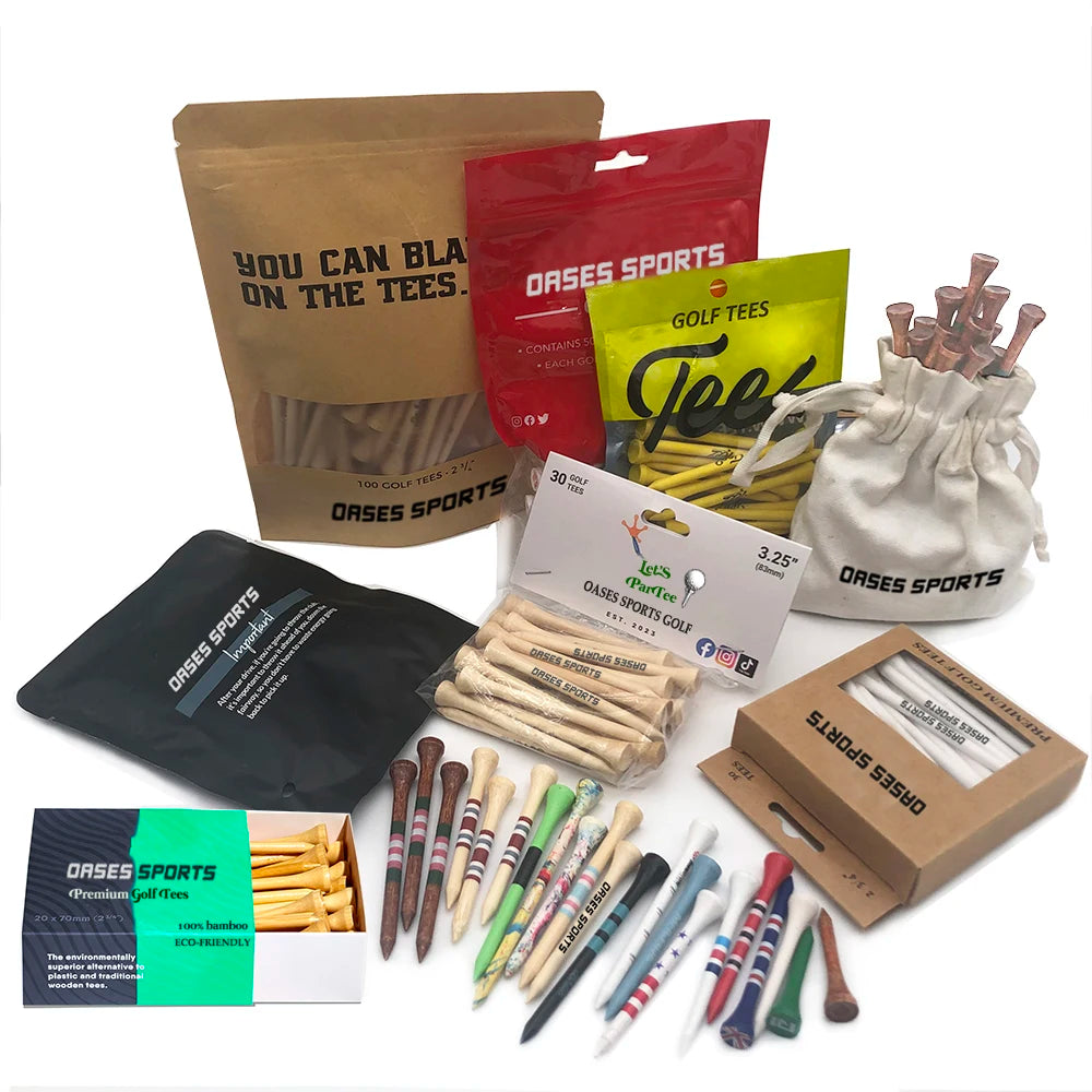 Custom printed bamboo golf tees with shank designs and packaging options