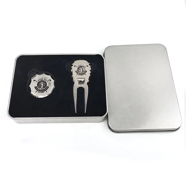 Custom logo golf divot tool and ball marker gift set in tin box