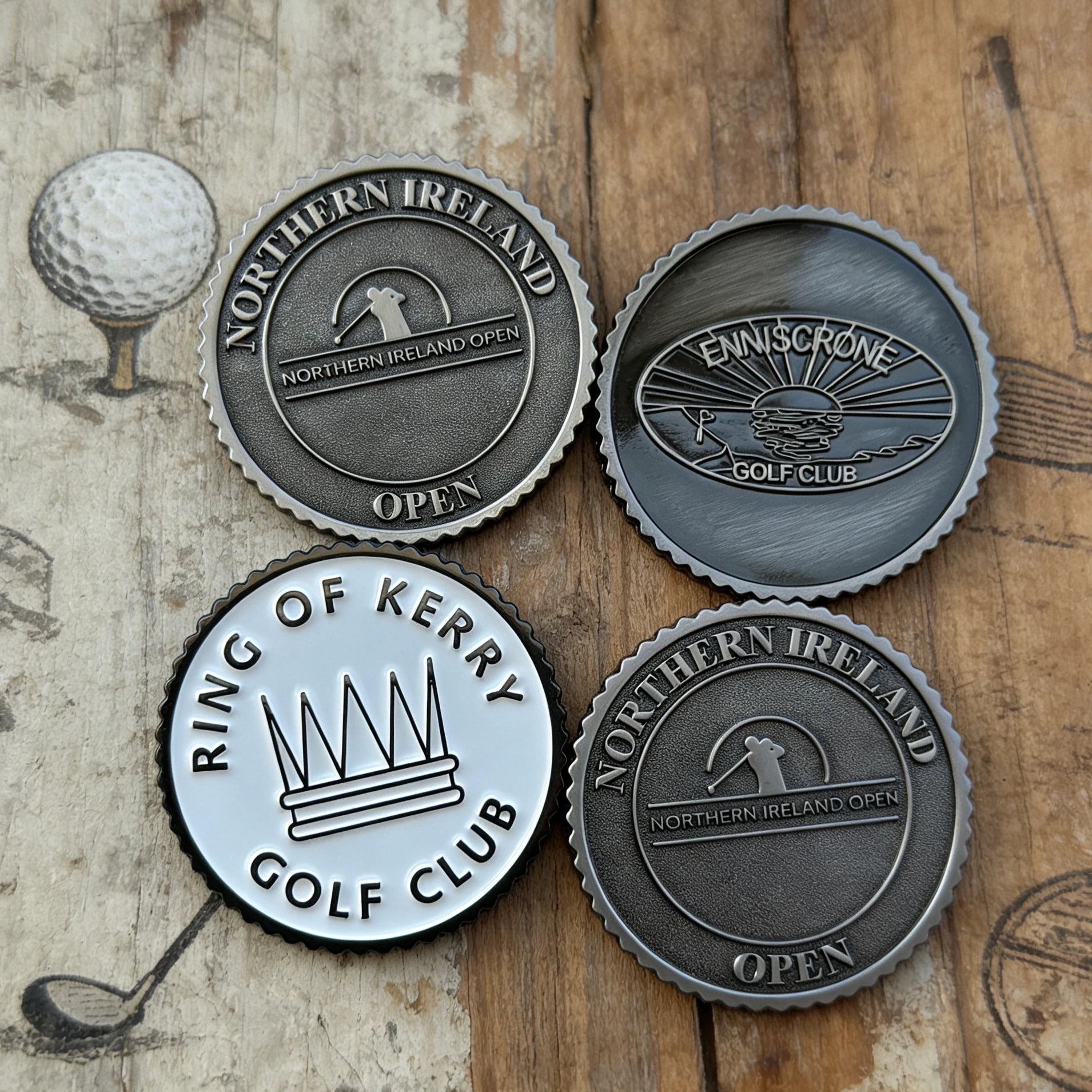 Custom gear-edge golf ball marker in antique nickel, 41mm
