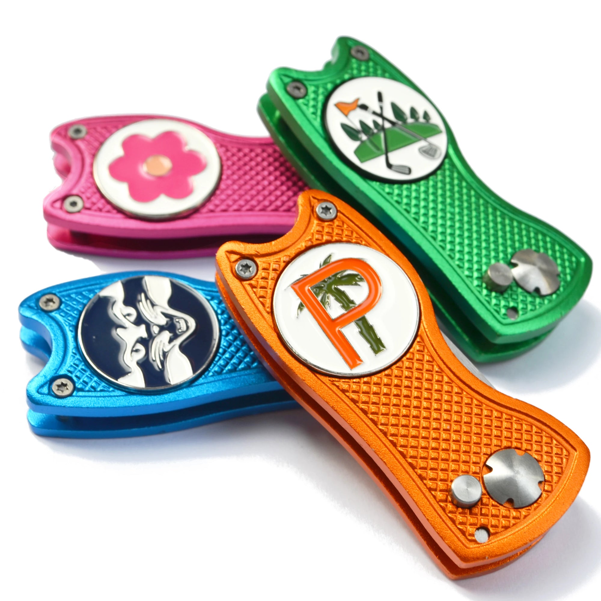 Custom logo switchblade golf divot tool with enamel ball marker